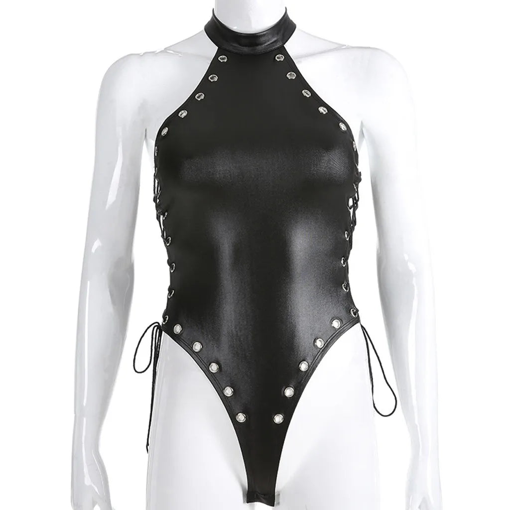 Vintage Women Faux Leather Bodysuit