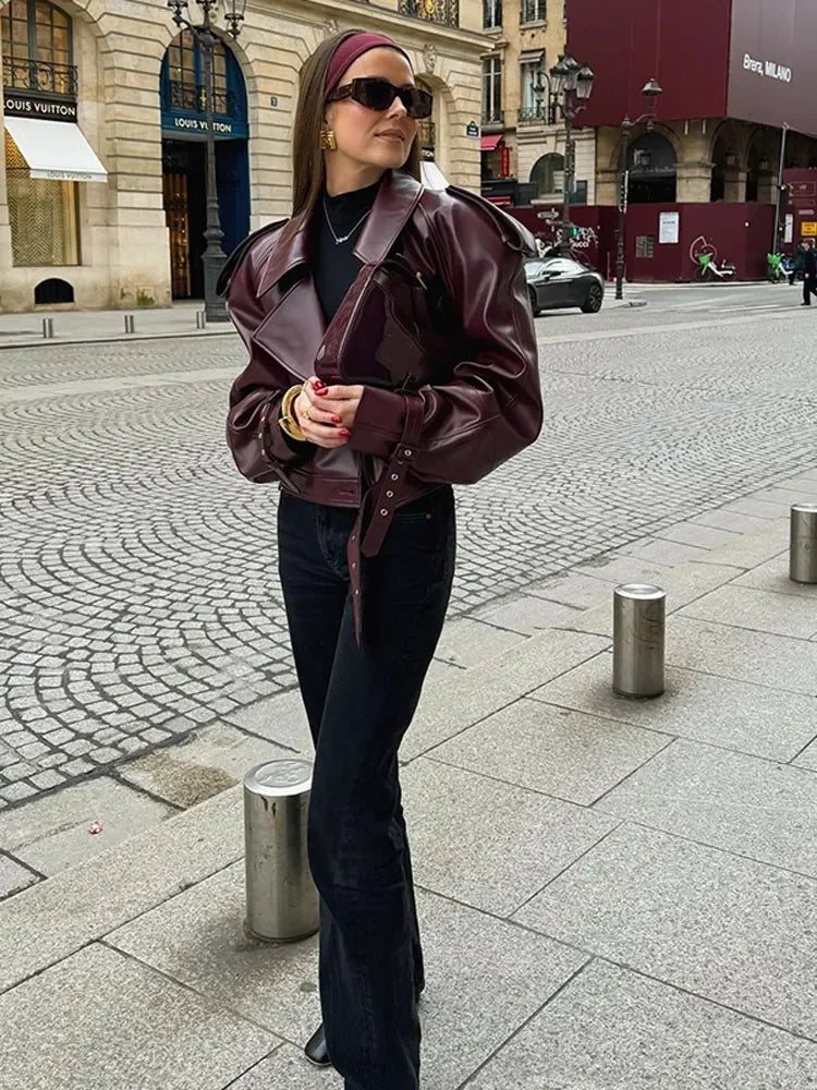 Long Sleeved Short Leather Jacket