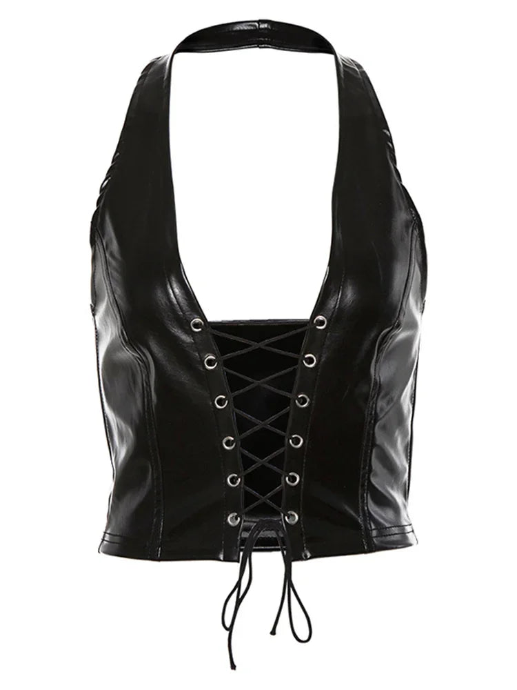 Leather Banadage Hollow Punk Style Tank Top